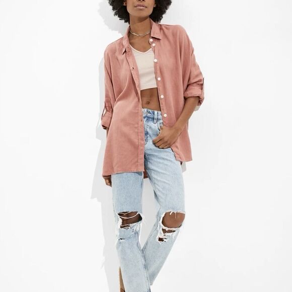 American Eagle Oversized Beach Button Up Shirt Linen Blend Womens Size Large - Picture 1 of 9